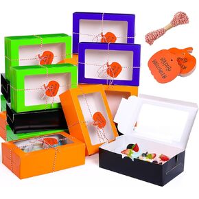 48 Pcs Halloween Cookie Boxes with Window 9 x 6 x 3 Inch Halloween Tricks or Treat Boxes Candy Gift Boxes Bakery Dessert Boxes with Pumpkin Gift Cards, 3 Bundle Ropes for Halloween Party