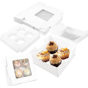 30 Pack White Paper Cupcake Boxes Insert 4 Cavity, 6.3x6.3x3inch Cookie Boxes with Window, Bakery Boxes for Cookies Cupcakes Desserts