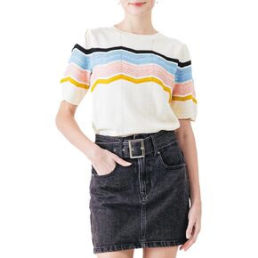 Cable Stitch Women's Zig Zag Stitch Short Sleeve Sweater - Crewneck Soft Cotton Pullover Knit Top