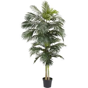 Nearly Natural 8FT Artificial Golden Cane Palm Tree, Fake Palm Tree with Two Realistic Trunks and Lifelike Palm Leaves, Faux Palm Plant for Indoor Home Décor with Black Nursery Planter
