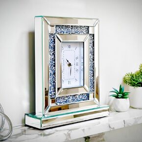 Mirrored Desk Clock Decorative: 13x11.8x3.9 in. Rectangular Silver Mirror Bling Tabletop Clock with Crushed Diamond for Luxury Modern Home Fireplace Mantel Console Table Decor
