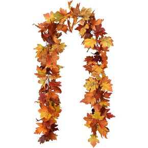 Lvydec Fall Maple Leaves Garland Decoration - 5.8ft Artificial Fall Foliage Garland with White Pumpkins Autumn Decor for Halloween Thanksgiving Home Table Decor (White)