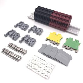 DIN Rail Terminal Blocks Kit, 20Pcs UK5N 10 AWG Terminal Blocks, 2Pcs Ground Blocks, 2Pcs FBI-10-6 Terminal Fixed Bridge, 4Pcs E/UK End Brackets, 2Pcs D-UK3/10 End Covers, 1Pcs 8" aluminum RoHS