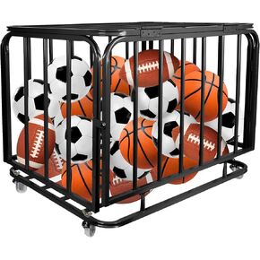 Sports Equipment Organizer Foldable Mental Sports Ball Storage Cart with Lid and Wheels Rolling Ball Cart for Gym, School, Indoor and Outdoor, Black