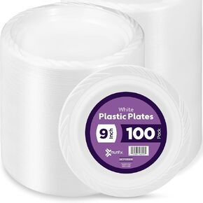 Munfix 100 White Plastic Plates Set - 9 Inch Plastic Dinner Plates, Disposable Plates Bulk Pack, Party Plates for BBQ, Picnic, Parties, Travel and Events, Microwavable Recyclable