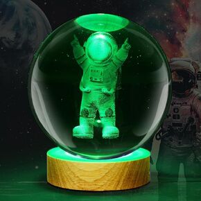 Large 3D Galactic System Crystal Ball Lamp, 3.15 inch Crystal Lamp 7 Color Changing Night Light with Wooden Base for Bedroom Decor, Clear Glass Ball Light, Birthday Christmas Gift