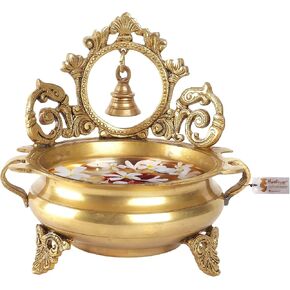 Ethnic Indian Carved 7 Inches Brass Decor Urli Bowl with Bell, Brass Urli for Flowers, Urli Bowl for Home Decor, Brass Urli Decor Bowl, Weight - 1.6 Kg, Standard, Pack of 1