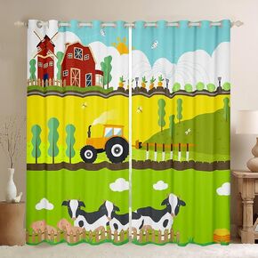 Toddler Cute Cows Curtain for Girls Boys Kids Cartoon Tractor Window Drapes Kawaii Pigs Colorful Natural Scenery Window Curtains for Bedroom Decor Farmhouse Window Treatments， 38x45 Inches，2 Panels