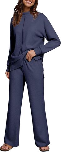 Dokotoo Lounge Sets for Women 2024 Fall 2 Piece Knit Outfits Long Sleeve Pullover Tops Wide Leg Pants Sweaters Tracksuits in Saudi Arabia