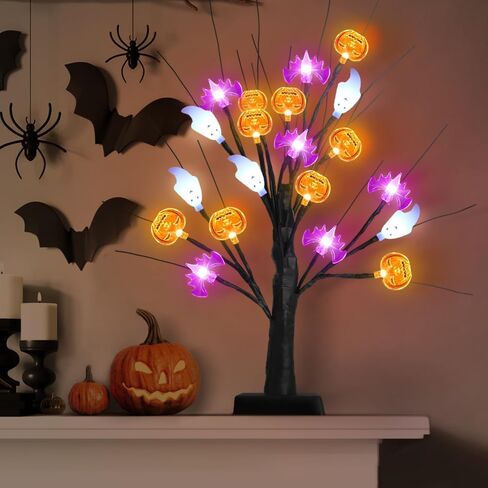 akerock تضيء ديكورات الهالوين في الأماكن المغلقة، 18 بوصة زخارف شجرة الهالوين السوداء مع 24 أضواء شبح الخفافيش اليقطين، مؤقت / USB / ديكور الهالوين يعمل بالبطارية للمنزل، الطاولة، رف، حفلة in Kuwait