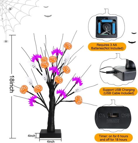 akerock تضيء ديكورات الهالوين في الأماكن المغلقة، 18 بوصة زخارف شجرة الهالوين السوداء مع 24 أضواء شبح الخفافيش اليقطين، مؤقت / USB / ديكور الهالوين يعمل بالبطارية للمنزل، الطاولة، رف، حفلة in Kuwait
