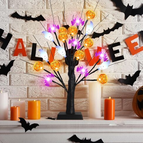 akerock تضيء ديكورات الهالوين في الأماكن المغلقة، 18 بوصة زخارف شجرة الهالوين السوداء مع 24 أضواء شبح الخفافيش اليقطين، مؤقت / USB / ديكور الهالوين يعمل بالبطارية للمنزل، الطاولة، رف، حفلة in Kuwait
