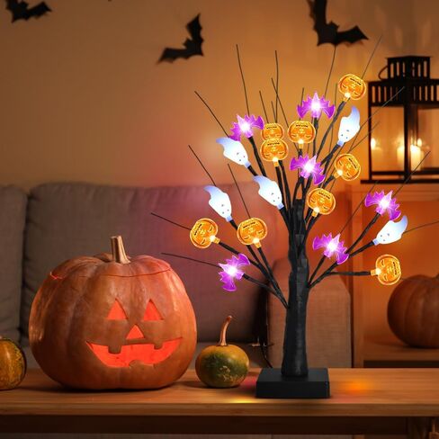 akerock تضيء ديكورات الهالوين في الأماكن المغلقة، 18 بوصة زخارف شجرة الهالوين السوداء مع 24 أضواء شبح الخفافيش اليقطين، مؤقت / USB / ديكور الهالوين يعمل بالبطارية للمنزل، الطاولة، رف، حفلة in Kuwait