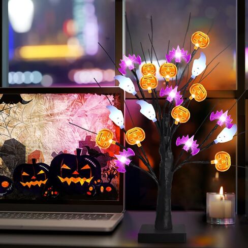 akerock تضيء ديكورات الهالوين في الأماكن المغلقة، 18 بوصة زخارف شجرة الهالوين السوداء مع 24 أضواء شبح الخفافيش اليقطين، مؤقت / USB / ديكور الهالوين يعمل بالبطارية للمنزل، الطاولة، رف، حفلة in Kuwait