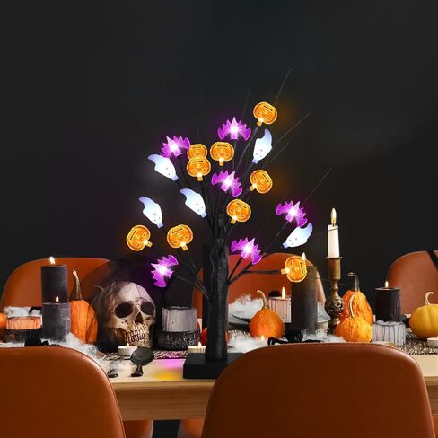 akerock تضيء ديكورات الهالوين في الأماكن المغلقة، 18 بوصة زخارف شجرة الهالوين السوداء مع 24 أضواء شبح الخفافيش اليقطين، مؤقت / USB / ديكور الهالوين يعمل بالبطارية للمنزل، الطاولة، رف، حفلة in Kuwait