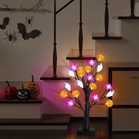 akerock تضيء ديكورات الهالوين في الأماكن المغلقة، 18 بوصة زخارف شجرة الهالوين السوداء مع 24 أضواء شبح الخفافيش اليقطين، مؤقت / USB / ديكور الهالوين يعمل بالبطارية للمنزل، الطاولة، رف، حفلة in Kuwait