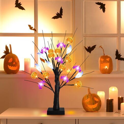 akerock تضيء ديكورات الهالوين في الأماكن المغلقة، 18 بوصة زخارف شجرة الهالوين السوداء مع 24 أضواء شبح الخفافيش اليقطين، مؤقت / USB / ديكور الهالوين يعمل بالبطارية للمنزل، الطاولة، رف، حفلة in Kuwait