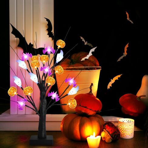 akerock تضيء ديكورات الهالوين في الأماكن المغلقة، 18 بوصة زخارف شجرة الهالوين السوداء مع 24 أضواء شبح الخفافيش اليقطين، مؤقت / USB / ديكور الهالوين يعمل بالبطارية للمنزل، الطاولة، رف، حفلة in Kuwait