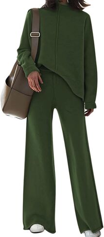 Womens High Neck Lounge Set Casual Side Slit Knitted Sweater Pullover Top Wide Leg Pants 2 Piece Outfits in Saudi Arabia