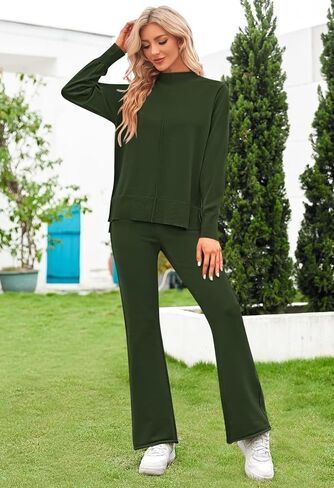 Womens High Neck Lounge Set Casual Side Slit Knitted Sweater Pullover Top Wide Leg Pants 2 Piece Outfits in Saudi Arabia