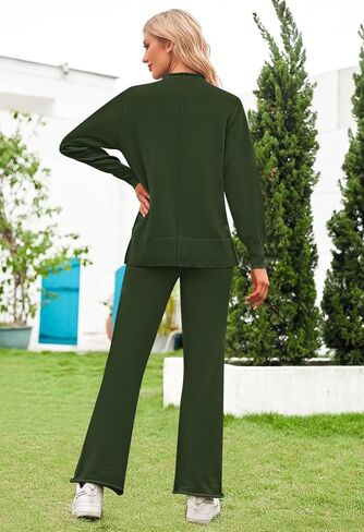 Womens High Neck Lounge Set Casual Side Slit Knitted Sweater Pullover Top Wide Leg Pants 2 Piece Outfits in Saudi Arabia