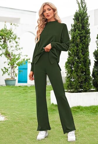 Womens High Neck Lounge Set Casual Side Slit Knitted Sweater Pullover Top Wide Leg Pants 2 Piece Outfits in Saudi Arabia
