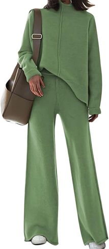 Womens High Neck Lounge Set Casual Side Slit Knitted Sweater Pullover Top Wide Leg Pants 2 Piece Outfits in Saudi Arabia