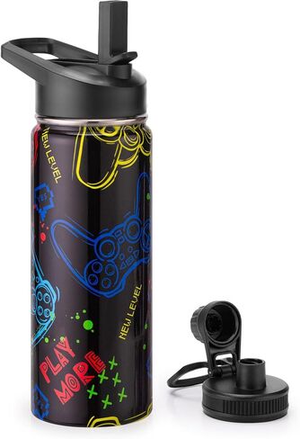 18oz Insulated Water Bottle with Straw Lid & Spout Lid, Game Controller, Gift for Kids Boys Girls Student Sports Travel Fitness Hiking Outdoors, Double Wall, Hands Wash Only, Black in Saudi Arabia