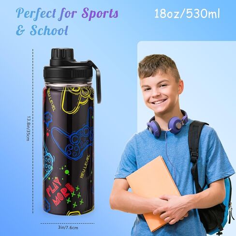 18oz Insulated Water Bottle with Straw Lid & Spout Lid, Game Controller, Gift for Kids Boys Girls Student Sports Travel Fitness Hiking Outdoors, Double Wall, Hands Wash Only, Black in Saudi Arabia