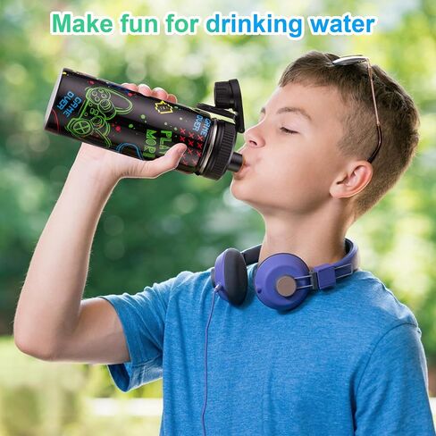 18oz Insulated Water Bottle with Straw Lid & Spout Lid, Game Controller, Gift for Kids Boys Girls Student Sports Travel Fitness Hiking Outdoors, Double Wall, Hands Wash Only, Black in Saudi Arabia