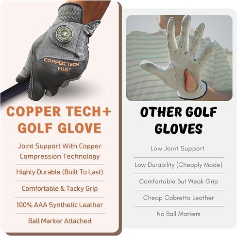 Copper Tech Men's Golf Gloves - Optimal Wrist Support with Copper Infused Thread - 100% AAA Synthetic Tacky Leather - Perfect for Summer & Fall Golfing - Golf Gloves Men (Hand Orientation: Both Hand) in Saudi Arabia