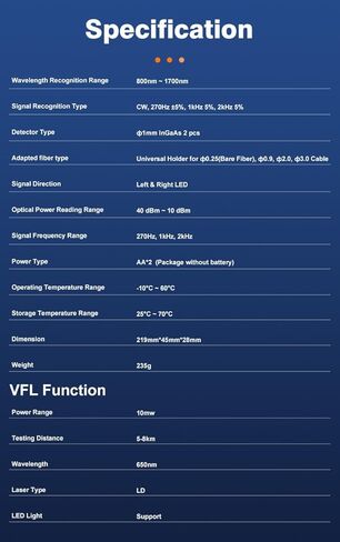 معرف الألياف الضوئية 800-1700 نانومتر الكل في واحد، محدد الأخطاء البصرية المدمج بطول 5 كيلومتر VFL، كاشف حركة الألياف OFI مع LED، أزرق داكن in Kuwait