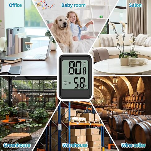 مقياس حرارة رقمي للرطوبة في الأماكن المغلقة، مقياس حرارة الغرفة 2.7 بوصة مع مستشعر عالي الدقة، مقياس مراقبة درجة الحرارة والرطوبة لأساسيات المنزل لغرفة النوم، وغرفة الأطفال، والدفيئة (أسود) in Kuwait