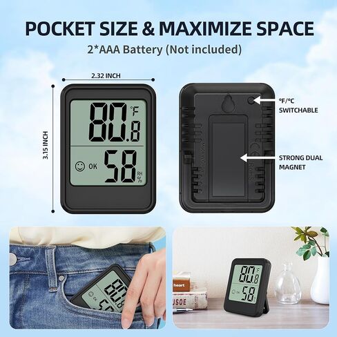 مقياس حرارة رقمي للرطوبة في الأماكن المغلقة، مقياس حرارة الغرفة 2.7 بوصة مع مستشعر عالي الدقة، مقياس مراقبة درجة الحرارة والرطوبة لأساسيات المنزل لغرفة النوم، وغرفة الأطفال، والدفيئة (أسود) in Kuwait