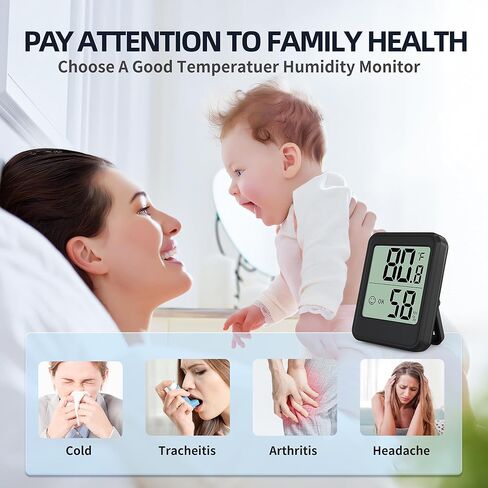 مقياس حرارة رقمي للرطوبة في الأماكن المغلقة، مقياس حرارة الغرفة 2.7 بوصة مع مستشعر عالي الدقة، مقياس مراقبة درجة الحرارة والرطوبة لأساسيات المنزل لغرفة النوم، وغرفة الأطفال، والدفيئة (أسود) in Kuwait