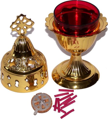 مصباح زيت نحاسي من Holy Land Market - لوازم وإكسسوارات الكنيسة - مع كوب زجاجي زيتي وفتائل وعوامات (8 بوصات) in Saudi Arabia