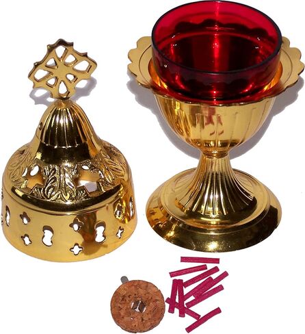 مصباح زيت نحاسي من Holy Land Market - لوازم وإكسسوارات الكنيسة - مع كوب زجاجي زيتي وفتائل وعوامات (8 بوصات) in Saudi Arabia