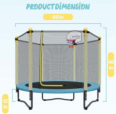 60" Trampoline for Kids, Indoor & Outdoor Trampoline with Net, Basketball Hoop Birthday Gifts for Boys & Girls, Baby Toddler Christmas Toys/Green in Saudi Arabia