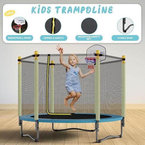 60" Trampoline for Kids, Indoor & Outdoor Trampoline with Net, Basketball Hoop Birthday Gifts for Boys & Girls, Baby Toddler Christmas Toys/Green in Saudi Arabia