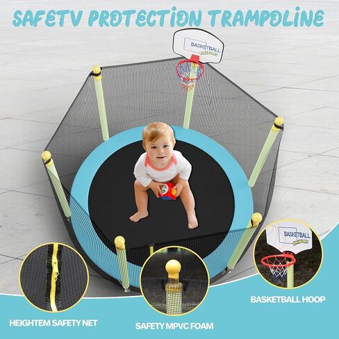 60" Trampoline for Kids, Indoor & Outdoor Trampoline with Net, Basketball Hoop Birthday Gifts for Boys & Girls, Baby Toddler Christmas Toys/Green in Saudi Arabia