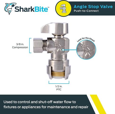 SharkBite Max 1/2 x 3/8 Inch Compression Angle Stop Valve, Quarter Turn, Push to Connect Brass Plumbing Fitting, PEX Pipe, Copper, CPVC, PE-RT, HDPE, UR23036 in Saudi Arabia