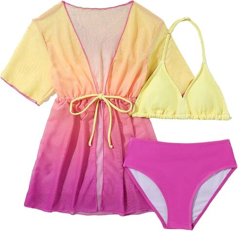 OYOANGLE Girl's 3 Piece Ombre Triangle Halter Bikini Swimsuit with Kimono Cover Ups Swimwear in Saudi Arabia