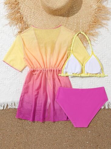 OYOANGLE Girl's 3 Piece Ombre Triangle Halter Bikini Swimsuit with Kimono Cover Ups Swimwear in Saudi Arabia