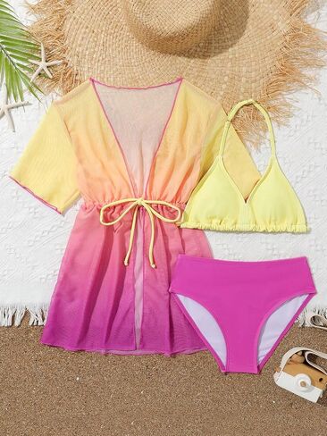 OYOANGLE Girl's 3 Piece Ombre Triangle Halter Bikini Swimsuit with Kimono Cover Ups Swimwear in Saudi Arabia