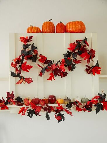 6 قطع من أوراق القيقب الصفراء والحمراء إكليل الخريف، 5.6 قدم أوراق القيقب الاصطناعية إكليل الخريف معلقة على شكل كرمة الخريف ديكورات الطاولة الباب الأمامي ديكور الخريف ديكورات عيد الشكر ديكور خارجي داخلي in Kuwait