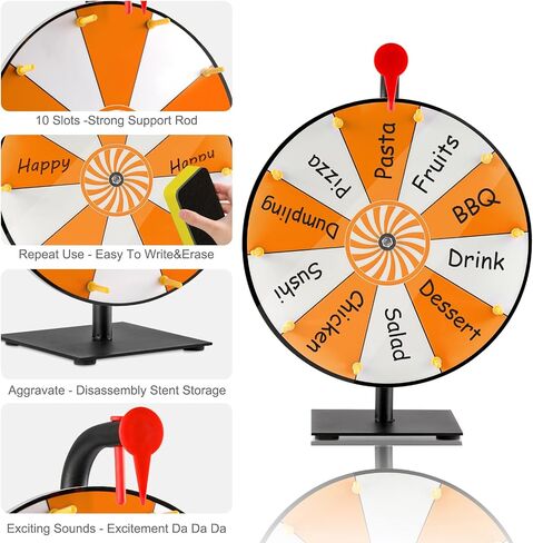 12" Spinning Prize Wheel, 10 Slots Prize Spinning Wheel Tabletop Roulette Spinner with Dry Eraser Marker & Eraser - Heavy Duty Spinning Wheel for Prizes Fortune Spinning Game Trade Show (Orange) in Kuwait