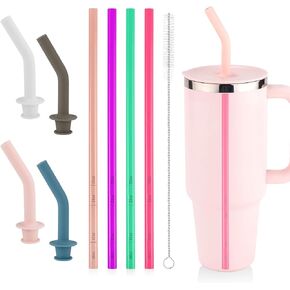 4pcs Replacement Straw for Hydro Flask Tumbler 40/32/28/20oz, BPA Free Reusable Plastic Travel Mug Cup Straw Accessories with Brush and 4 Silicone Straw Tips for Water Bottle Accessories (8 Colors)