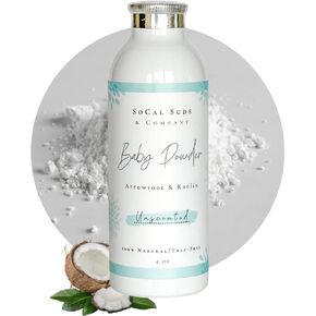 SoCal Suds & Company - Natural & Organic Baby Powder Talc-Free - with Arrowroot Formula, Kaolin, Aspen Bark Extract for Soft Soothing Protected Sensitive Skin - Gentle Absorption - Unscented, 4oz
