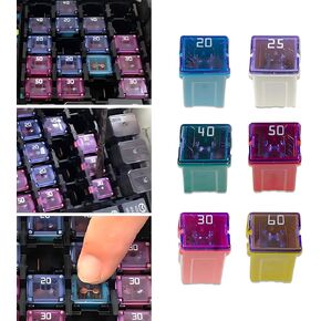 6 PCS Automotive 20A 25A 30A 40A 50A 60A 32V Long Fuse Combo Kit, Color Coded Waterproof Housing Fuse Kit, Portable Replacement Accessories, Suitable for Cars, Trucks, SUVs (Multicolored)