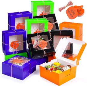 48 Pcs Halloween Cookie Boxes with Window 6 x 6 x 3 Inch Halloween Tricks or Treat Boxes Candy Gift Boxes Bakery Dessert Boxes with Pumpkin Gift Cards, 3 Bundle Ropes for Halloween Party